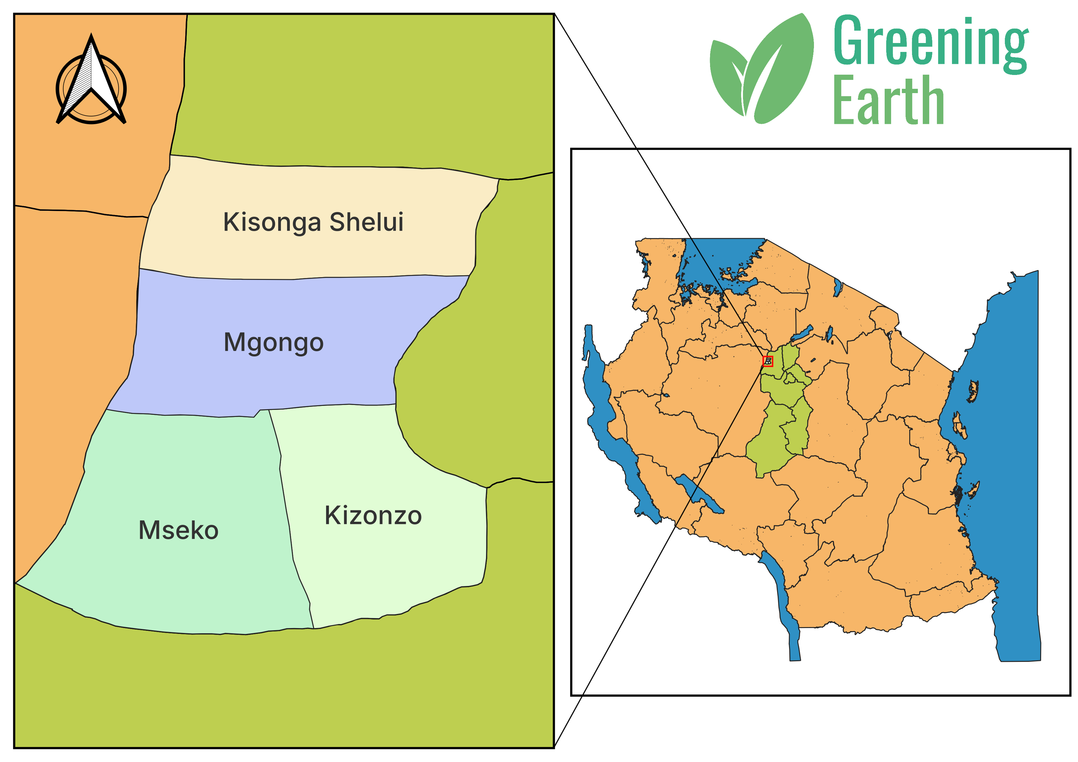Map of the Greening Earth project villages of Mseko, Kizonzo, Mgongo, and Kisonga Shelui in Iramba District, Singida Region, Tanzania